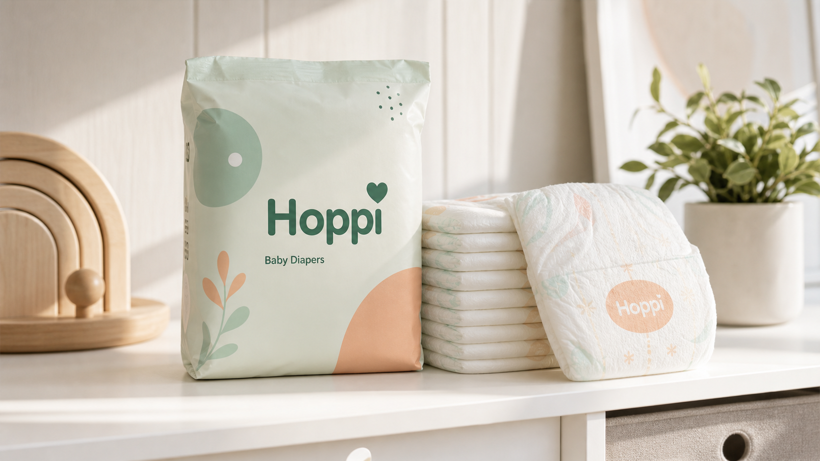 Hoppi baby diaper pack with stacked diapers