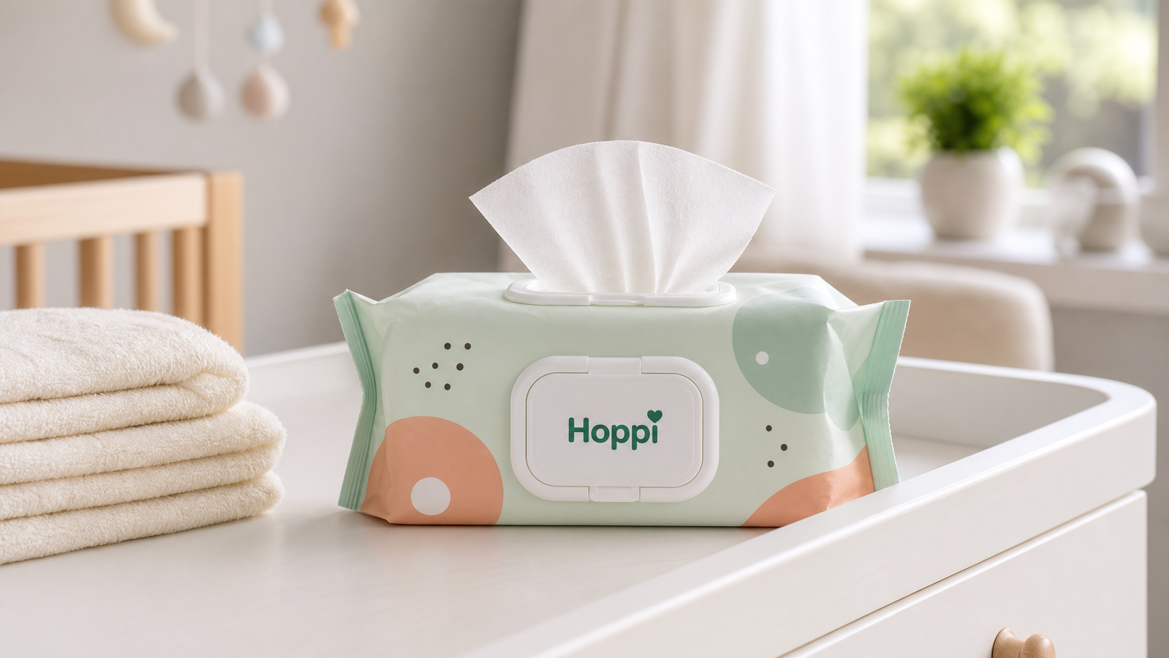Hoppi baby wipes pack on a changing table