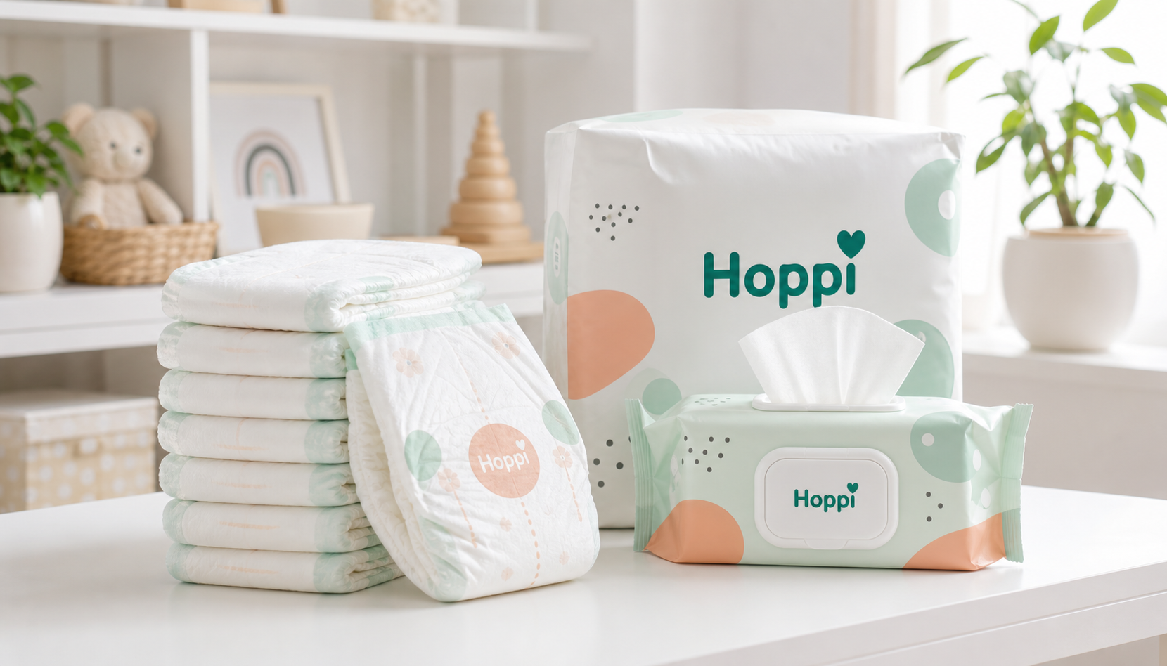 Hoppi diapers and baby wipes arranged on a nursery changing table